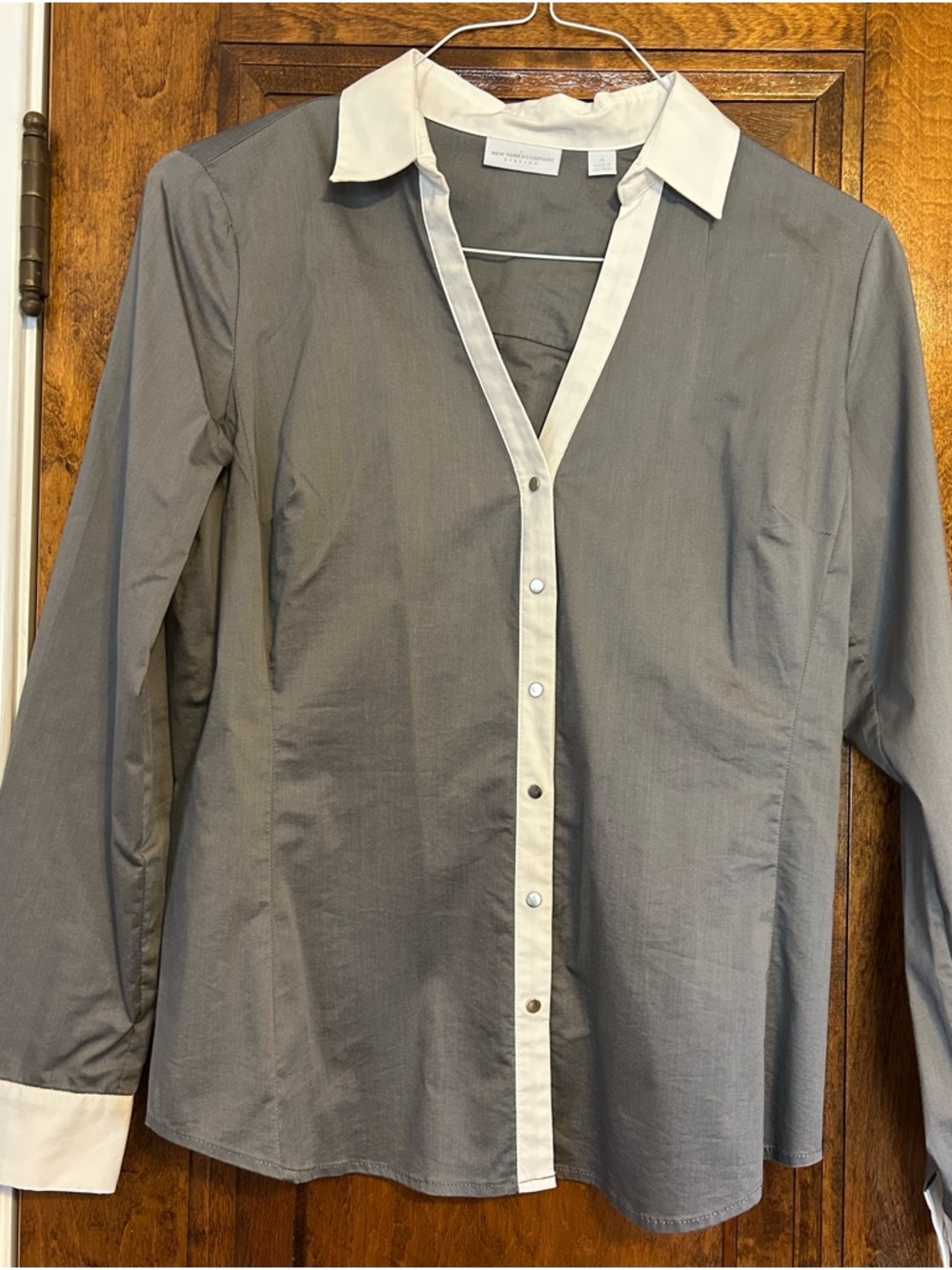 New York & Company Gray Button-Front Dress Shirt with White Trim